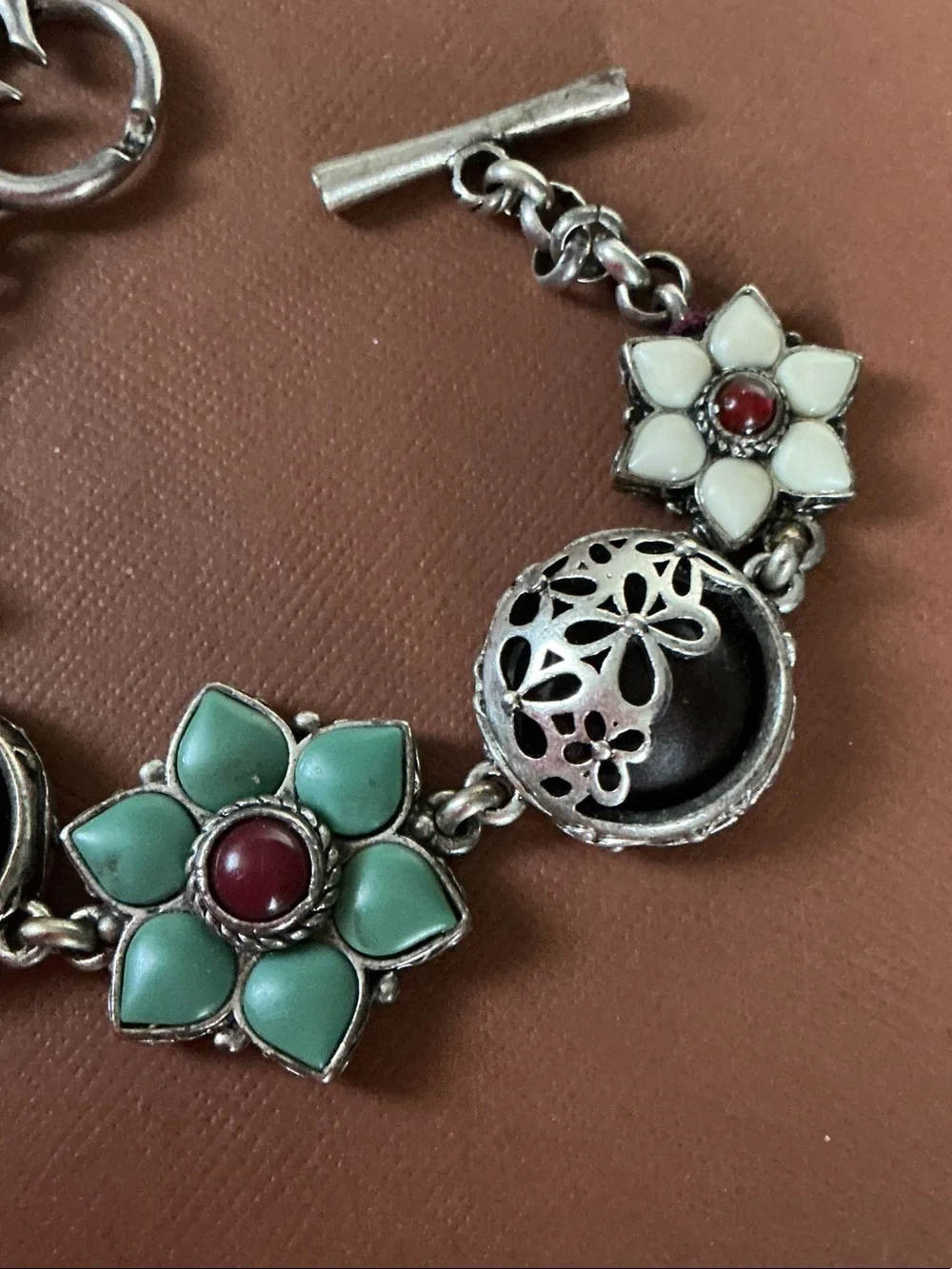 Lucky Brand Silver-Tone Bracelet with Green, White and Red Floral Accents